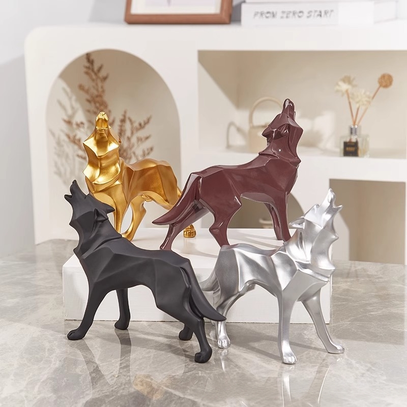 Home Office Bookshelves - Statua di lupo geometrico in resina,